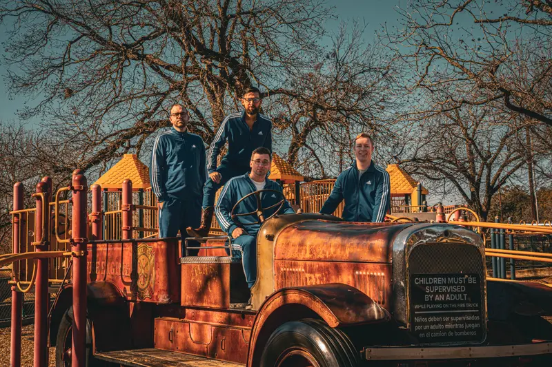 The band on a vintage fire truck play structure in Austin